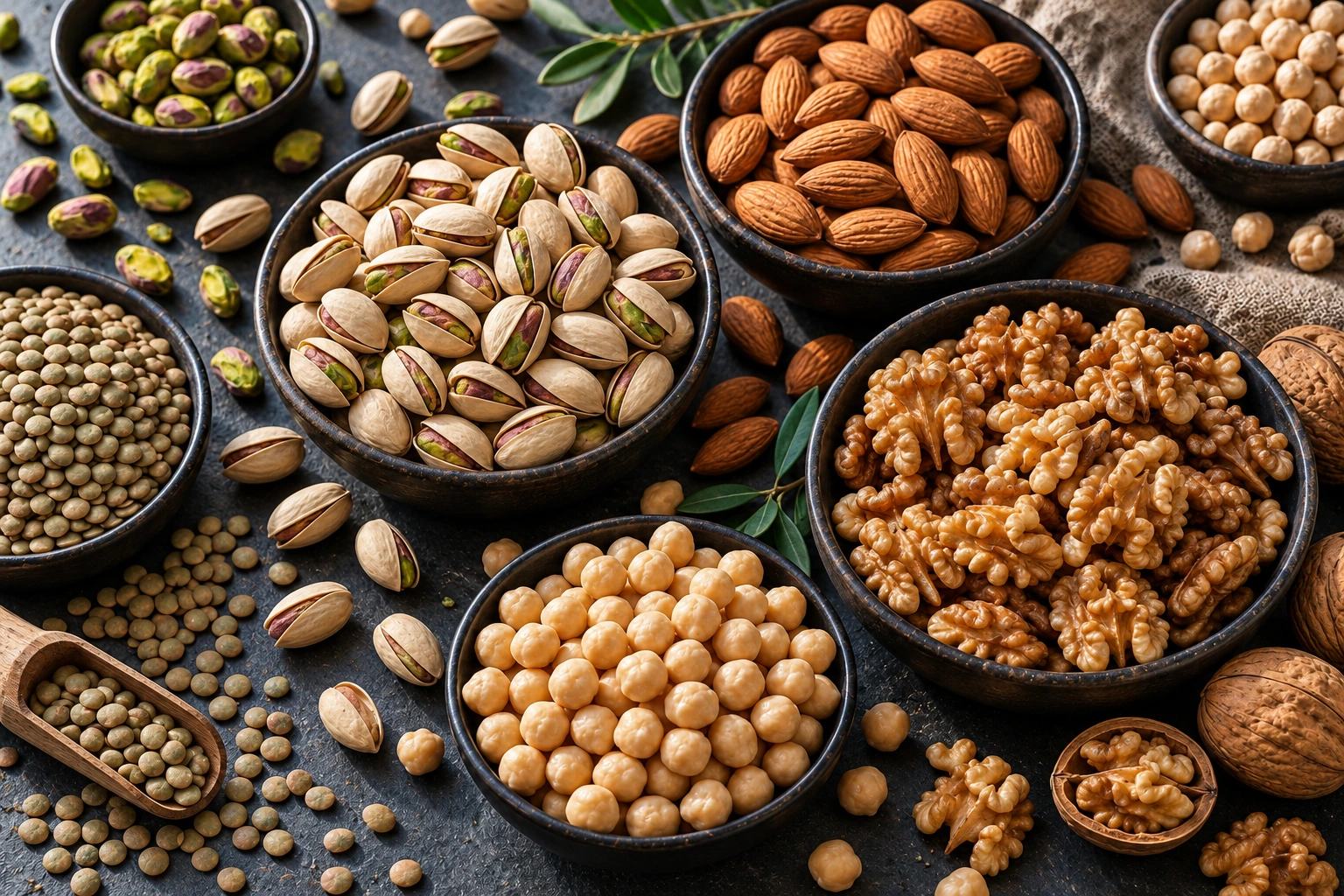 A rich selection of pistachios, almonds, walnuts, chickpeas and lentils
