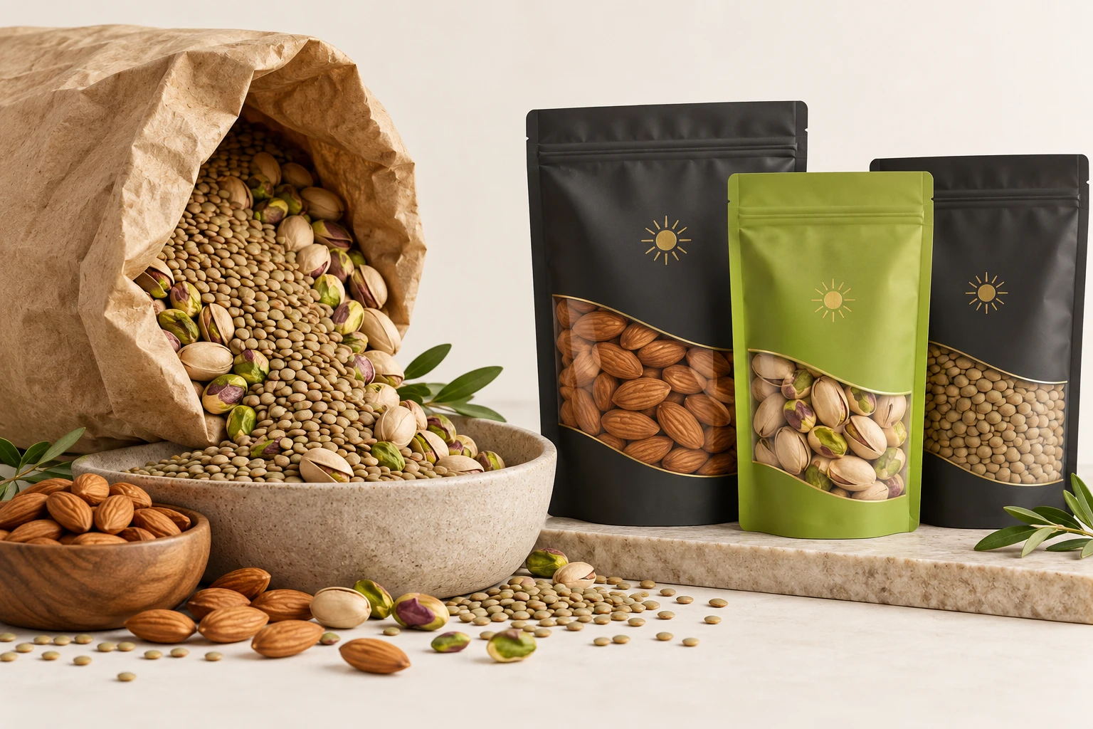Packaging concept showing bulk ingredients alongside retail pouches